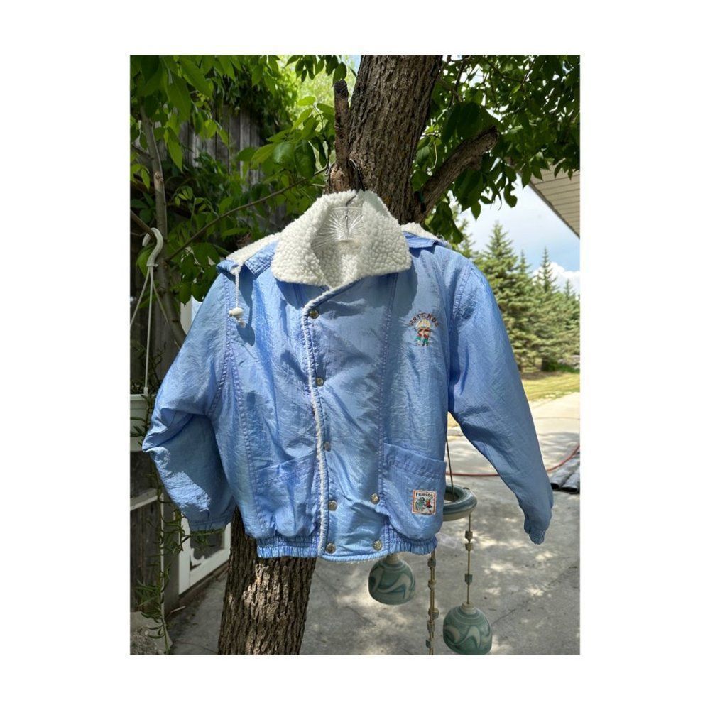 Vintage 80s FRIENDS Baby Blue Nylon Bomber Jacket Hooded Embroidery Sz 38